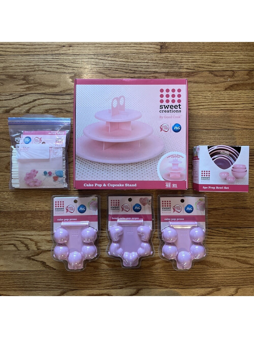 NIB P&G Lot of 6 Sweet Creations Pink Stand Press Bowl Set Heart Shape Round +